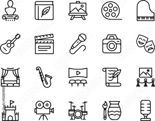 art, artist, icons, theater, music, literature, writing, photography, film, cinema, acting, sculpture, performance, guitar, clapboard, microphone, camera, masks, stage, saxophone, film strip, audience