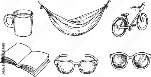 Hand-drawn vector set of summer vacation elements including hammock, bicycle, sunglasses, open book, and coffee mug Ideal for travel blogs, website designs, social media posts, and summer-themed