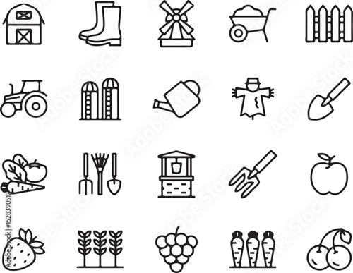 farm, farming, agriculture, agricultural, icons, set, collection, outline, flat, design, vector, barn, boots, windmill, wheelbarrow, fence, tractor, silos, watering can, scarecrow, shovel, vegetables,