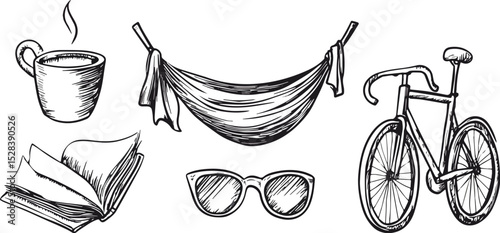 Hand-drawn vector illustration set of leisure time activities including a steaming cup of coffee or tea, an open book, stylish sunglasses, a hammock for relaxation, and a bicycle for outdoor