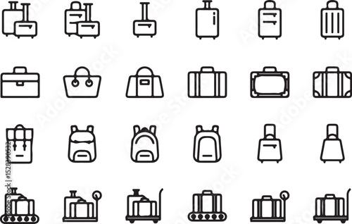 luggage, bags, suitcase, travel, vacation, tourism, airport, baggage, trolley, backpack, briefcase, hand bag, duffel bag, line art, outline, icons, set, vector, black and white, minimalistic, design, 