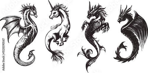 Set of hippocampus vector silhouette mythical creatures seahorse dragon unicorn fantasy animal mythology collection for tattoo design emblem logo or mascot black and white hand drawn engraved vintage