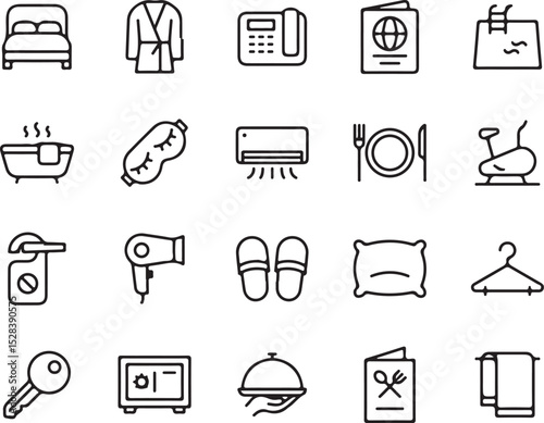 hotel, hospitality, accommodation, travel, vacation, tourism, resort, room, bed, bathrobe, telephone, passport, pool, bathtub, spa, sleep mask, air conditioner, plate, cutlery, gym, door hanger, haird