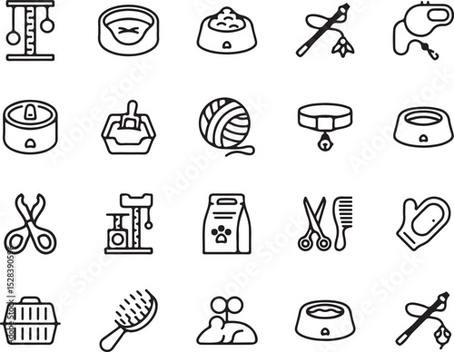 cat, pet, accessories, food, bowl, bed, litter box, toy, ball of yarn, collar, bell, grooming, scissors, comb, brush, cat tree, cat food, mouse toy, carrier, leash, wand toy, icons, line art, outline,
