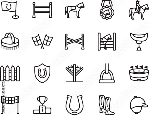 horse, equestrian, sport, riding, competition, vector, icon, set, outline, black, white, flags, obstacle, trophy, boots, helmet, horseshoe, saddle, stirrup, medal, fence, horse racing, dressage, polo,