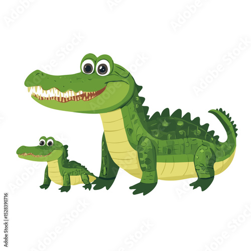 A Mother Alligator With Her Kid illustration vector 2D flat, isolated on a white background.