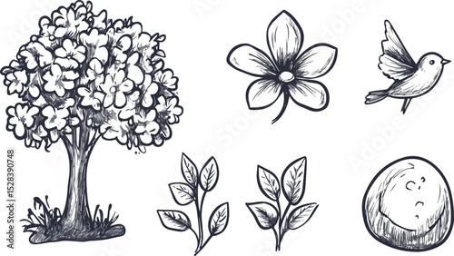 Hand-drawn nature elements set blooming tree flower flying bird leaves grass coconut vector illustration sketch doodle style isolated on white background for design template eco environment nature