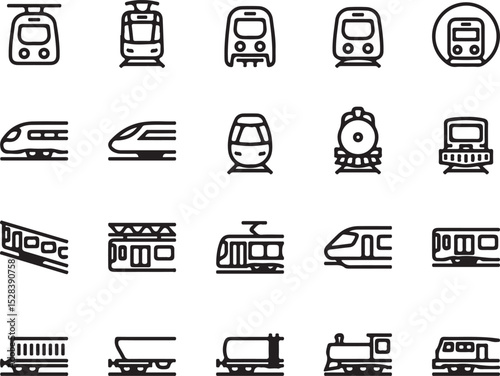 train, trains, railway, transportation, travel, transport, vehicle, locomotive, tram, subway, metro, bullet train, high speed train, steam engine, trolley, cable car, icon, icons, line art, black and 