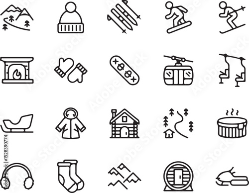 winter, sports, icons, snowboarding, skiing, snowmobile, mountain, cabin, chalet, beanie, mittens, gloves, fireplace, sled, coat, hot tub, sauna, headphones, socks, chairlift, trees, vector, 