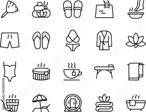 spa, wellness, relaxation, massage, icon, icons, set, vector, line art, outline, spa day, health, therapy, treatment, beauty, sauna, bath, swimming pool, towel, robe, slippers, swimwear, tea, lotus, z