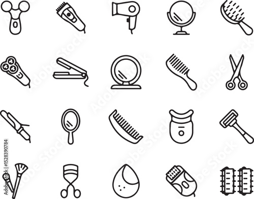 beauty, hair, care, equipment, tools, icons, set, vector, illustration, line art, black, minimalist, mirror, brush, comb, hair dryer, scissors, shaver, curling iron, hair curlers, trimmer, electric sh