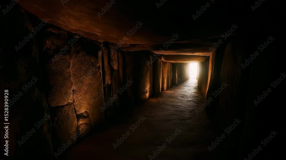 Interior view of neolithic passage tomb corridor leading to burial chamber with dramatic lighting. Ancient megalithic tomb showcasing stone slab construction and prehistoric burial architecture.