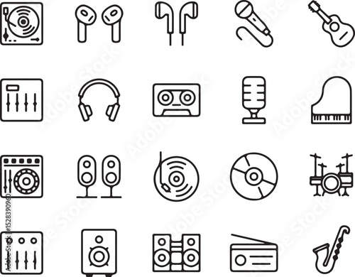 music, audio, sound, equipment, instruments, musical, icons, set, collection, vector, illustration, design, graphic, element, symbol, outline, black, white, turntable, headphones, earbuds, microphone,