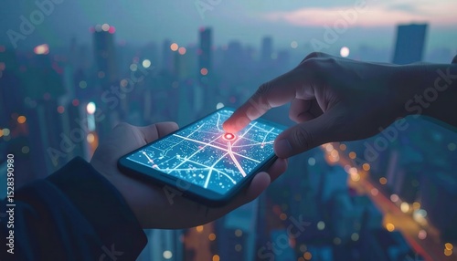 Soft Tap Activates Map of Glowing Rooftops in Cityscape at Dusk