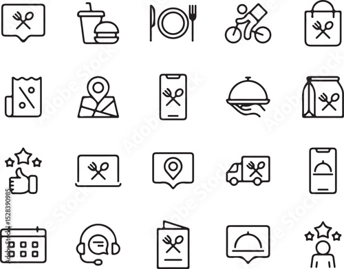 food, restaurant, delivery, online order, takeout, app, mobile, smartphone, burger, fries, fork, knife, plate, location, map, courier, bike, bag, discount, stars, customer review, laptop, truck, calen