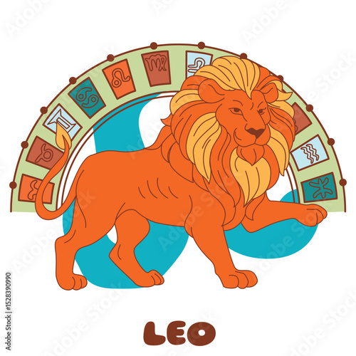 Vector illustration of the Leo zodiac sign. Majestic lion with a golden mane stands proudly against a zodiac wheel background. Perfect for astrology, horoscope, or zodiac-themed designs.