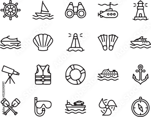 nautical, maritime, marine, sea, ocean, boat, ship, sailboat, yacht, cruise, submarine, lighthouse, buoy, life preserver, life vest, binoculars, telescope, compass, anchor, paddles, snorkel, fins, 