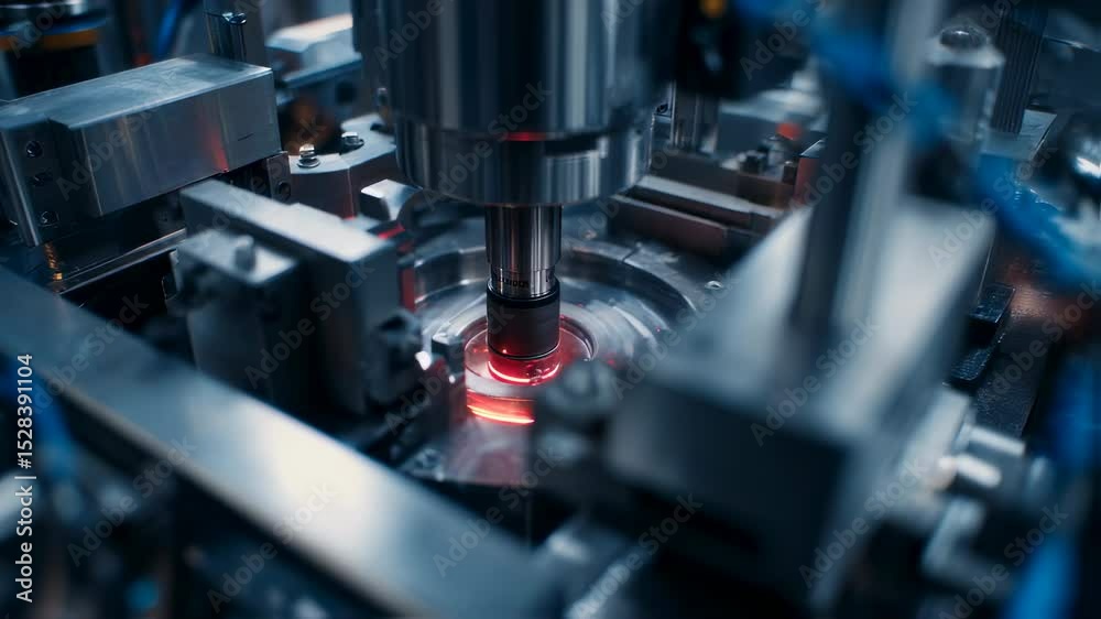 Automated industrial laser precisely cuts intricate metal detail, showcasing advanced manufacturing technology and innovation in a modern factory setting Automated industrial laser precisely cuts intricate metal detail, showcasing advanced manufacturing technology and innovation in a modern factory setting