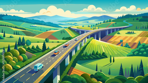 Stunning top-down drone footage capturing a straight highway passing through a lush green countryside, featuring a bridge connecting a rural road. The peaceful environment Very beautiful