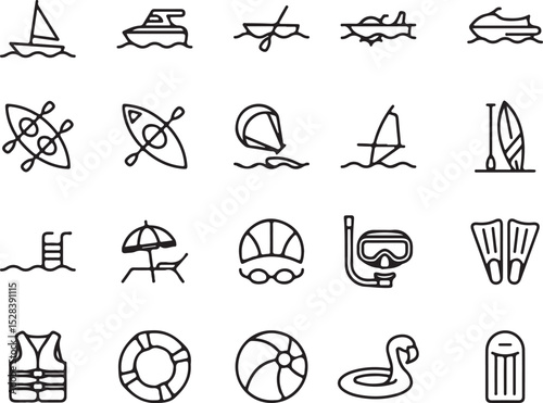 water sports, beach, summer, holiday, vacation, boat, sailboat, kayak, canoe, jet ski, windsurf, surf, paddle board, swimming pool, beach umbrella, beach chair, swimming cap, goggles, snorkel, 