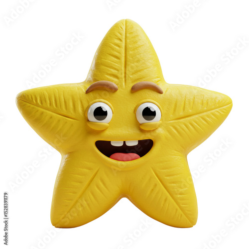 Yellow star-shaped toy with a happy expression on a white background  