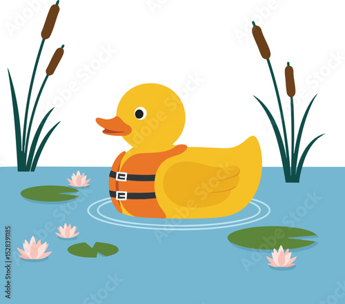 Yellow rubber duck floating on pond with water lilies and cattails vector illustration 