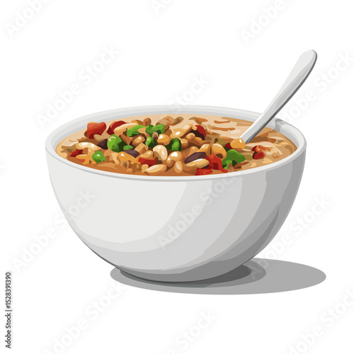 Minimalist Hoppin’ John in White Bowl with Spoon – Vector Art