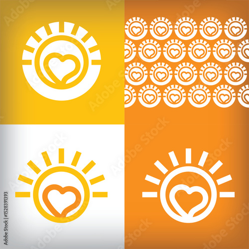 Unique sun and heart logo design. For company use presentation set, Holiday and birth icon