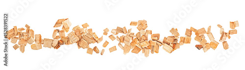 Chips for smoking meat and fish isolated on a white background, view from above. Pile of mixed wood chips.