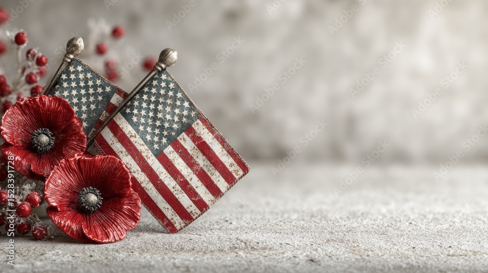 Obraz premium Honoring patriotism miniature flags and remembrance poppies display