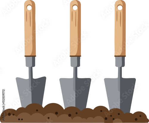 Gardening tools set with wooden handles and soil vector illustration for planting and horticulture activities 