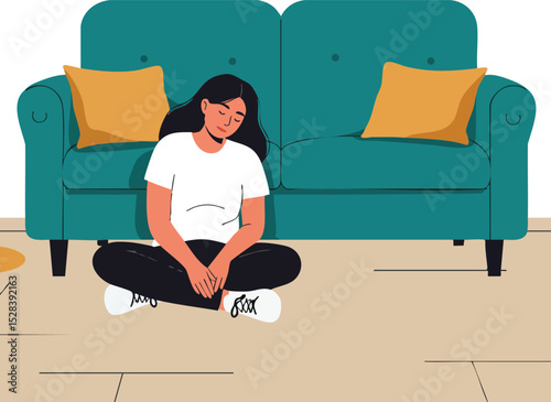 Woman sitting on floor in front of teal sofa with orange cushions relaxing indoors in calm lifestyle scene 