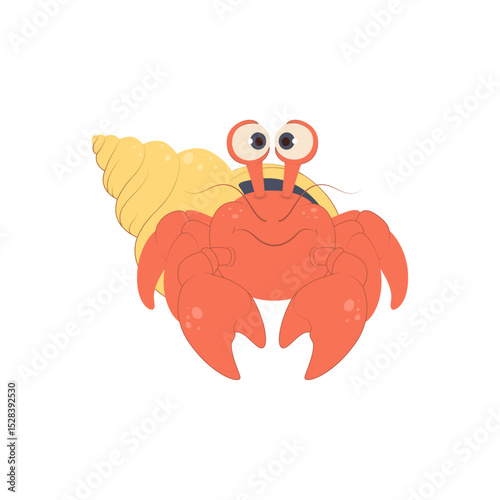 Cheerful hermit crab with a shell. Bright and fun ocean character for children's books, games, and marine-themed designs or educational projects.