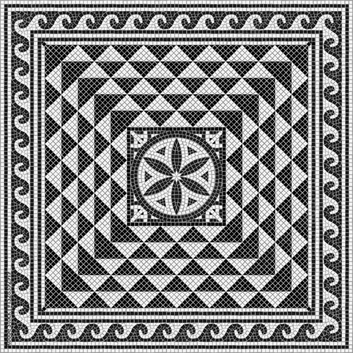 Ancient Roman Black and white mosaic with geometric pattern. Vector Illustration