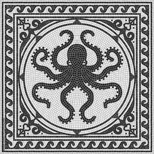 Ancient Roman Black and white mosaic with octopus. Vector Illustration