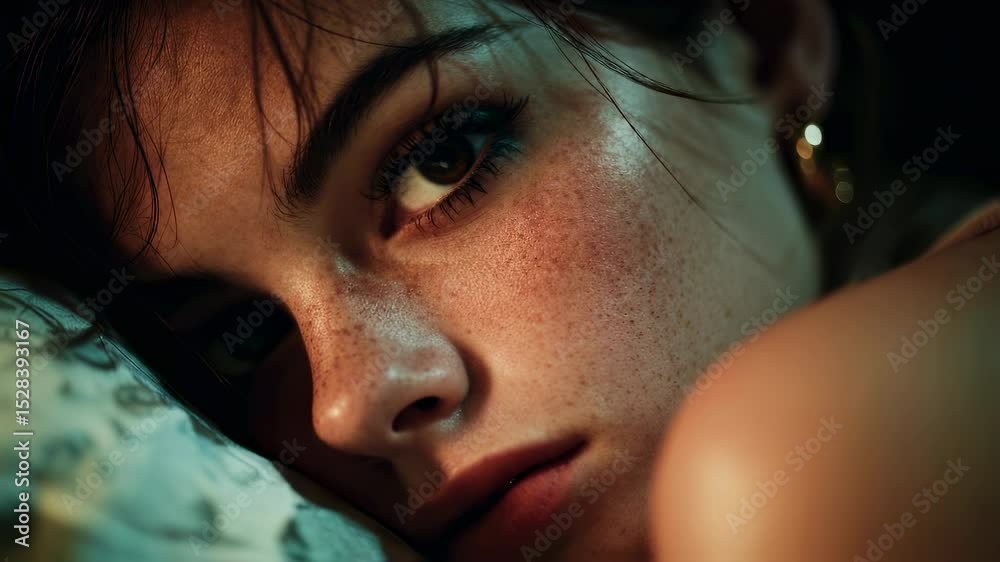 Warm cinematic lighting revealing freckled young woman with dark hair lying on patterned pillow, gazing pensively with introspective emotion