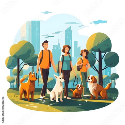 Professional Scene Illustration of Group of Pets with Owner Enjoying Time in the Park