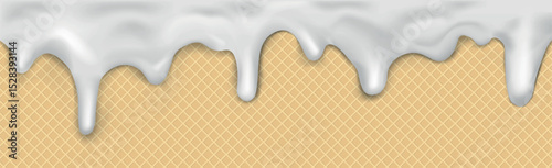 Sweet seamless panoramic ice cream pattern with dripping white icing and wafer texture - Vector illustration