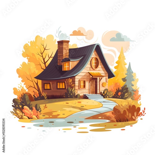 Hand-Drawn Countryside Autumn Landscape with Cute Animals Illustration for Designs