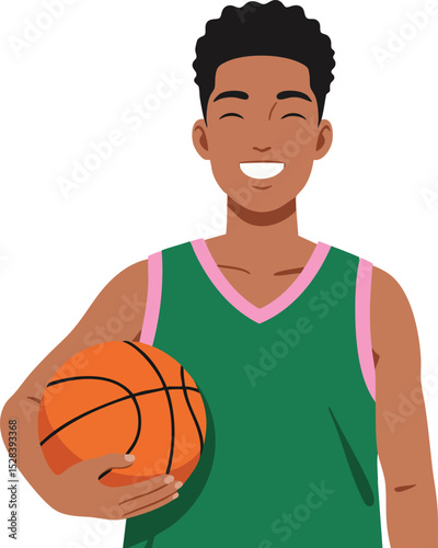 Young male basketball player holding ball wearing green and pink sports jersey smiling happily vector illustration 