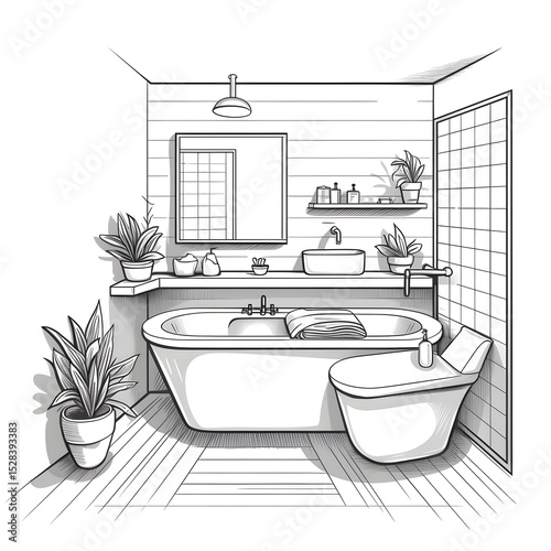 Hand Drawn Modern Bathroom Interior Design Vector Illustration for Projects