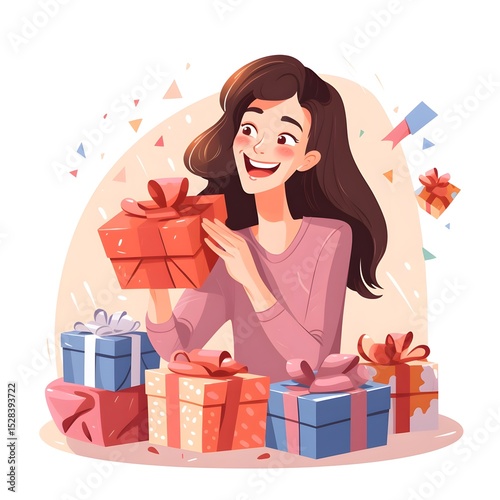 Cheerful Cartoon Woman Joyfully Disassembling a Pile of Gift Boxes for Celebration