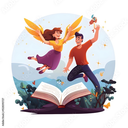 Whimsical Characters Soaring Above Enchanted Storybook for Creative Imaginations