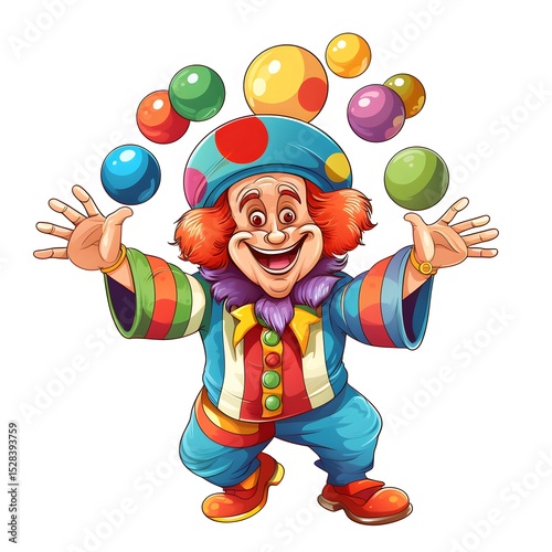 Cheerful clown showcasing juggling skills with four vibrant balls in this playful scene