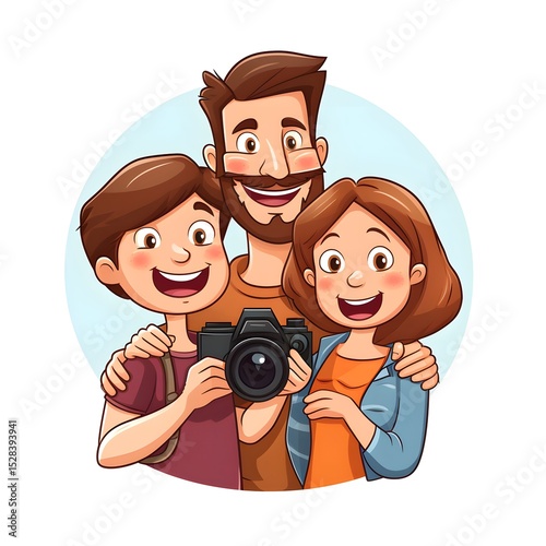 Professional illustration of a happy family taking a photo together in a joyful moment