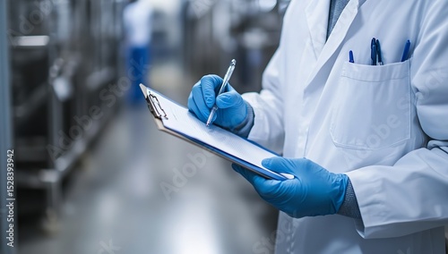 Close-Up of Worker Taking Notes on Clipboard in Food Factory – White Coat and Blue Gloves Emphasize Hygiene