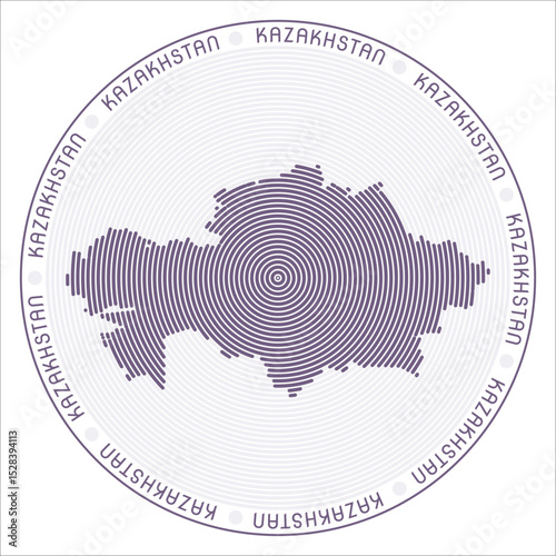 Kazakhstan round logo design. Country shape built of rings. Kazakhstan text around the country. Vector illustration.