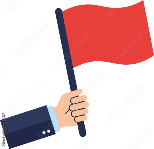 Hand holding red flag symbol of warning or alert vector illustration with business suit arm
