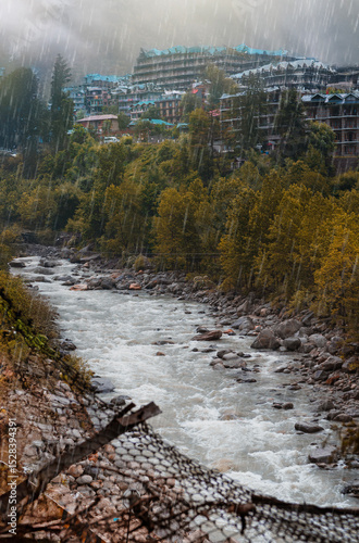 River Flowing In Mountains Area and Residence Area
