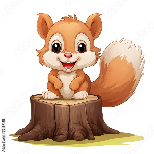 Cheerful Squirrel Perched on Tree Stump Illustration for Wildlife Designs
